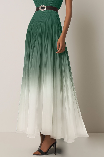 Evening Dress Green-White Ombre Pleated Chiffon Waist Tie Maxi Dress