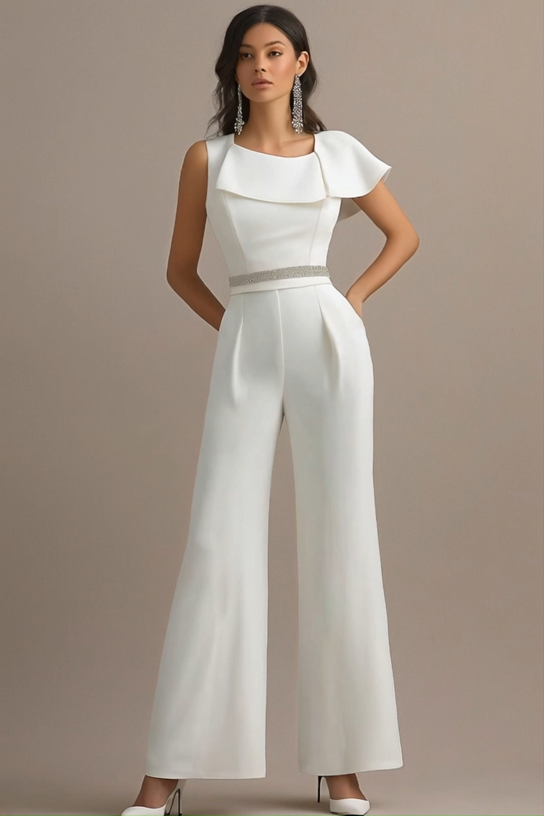 Evening Party Jumpsuit White One Shoulder Wide Leg Pants