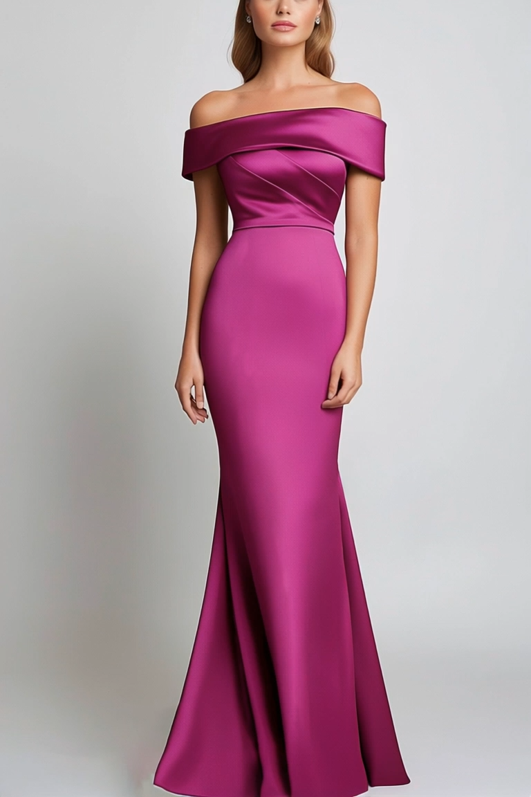 Formal Evening Dress Purple Satin Off Shoulder Mermaid Floor-Length Dress