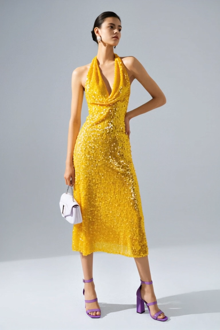 Cocktail Party Halter Dress Yellow Sequin Sleeveless Midi Dress