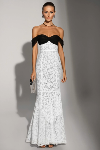 Formal Evening Dress Black White Off The Shoulder Lace Maxi Dress