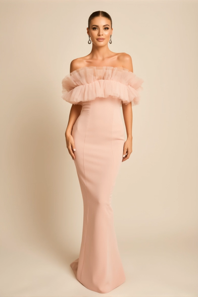 Formal Evening Gown Light Pink Off-Shoulder Bodycon Floor-Length Dress