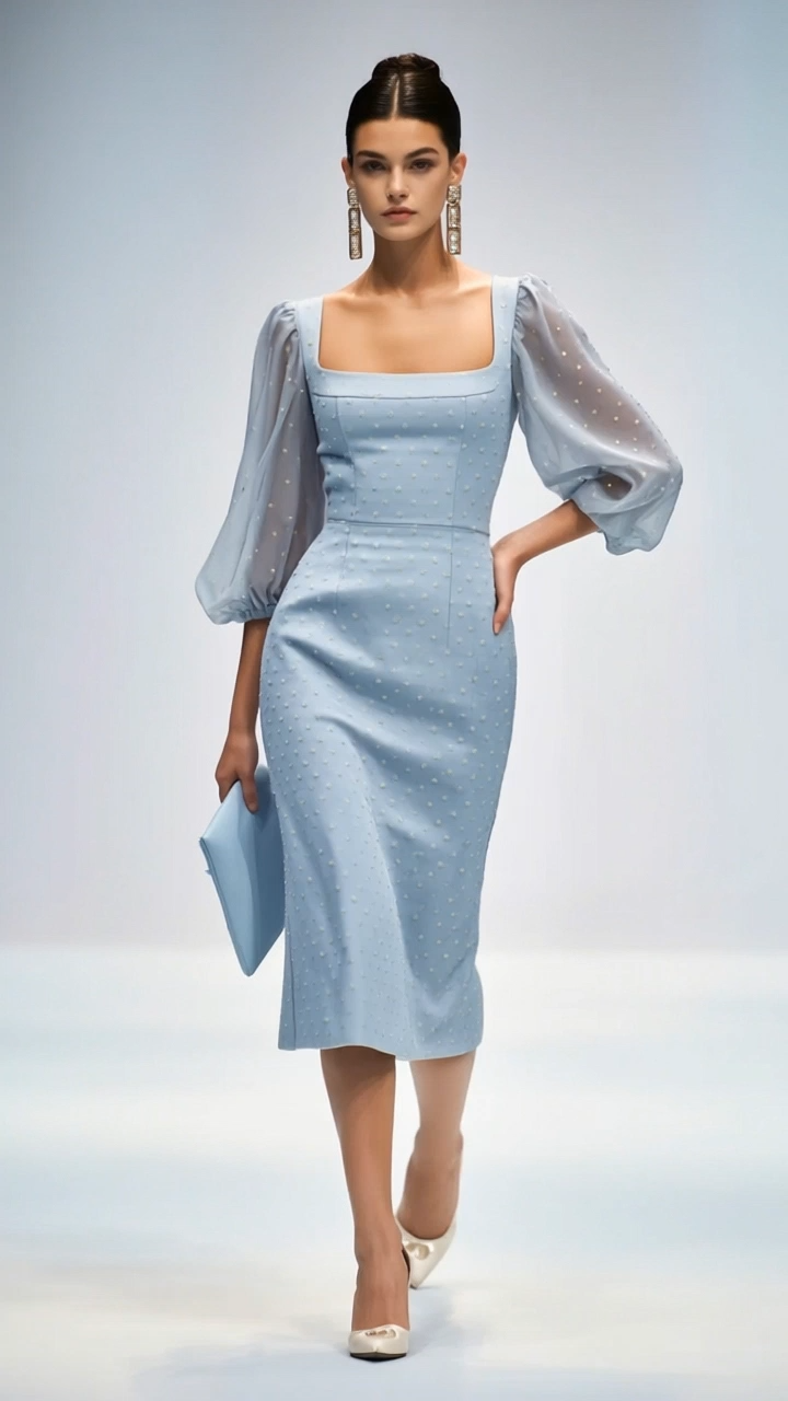 Casual Semi-Formal Dress Light Blue Square Neck Puff Sleeve Pearl Midi Dress