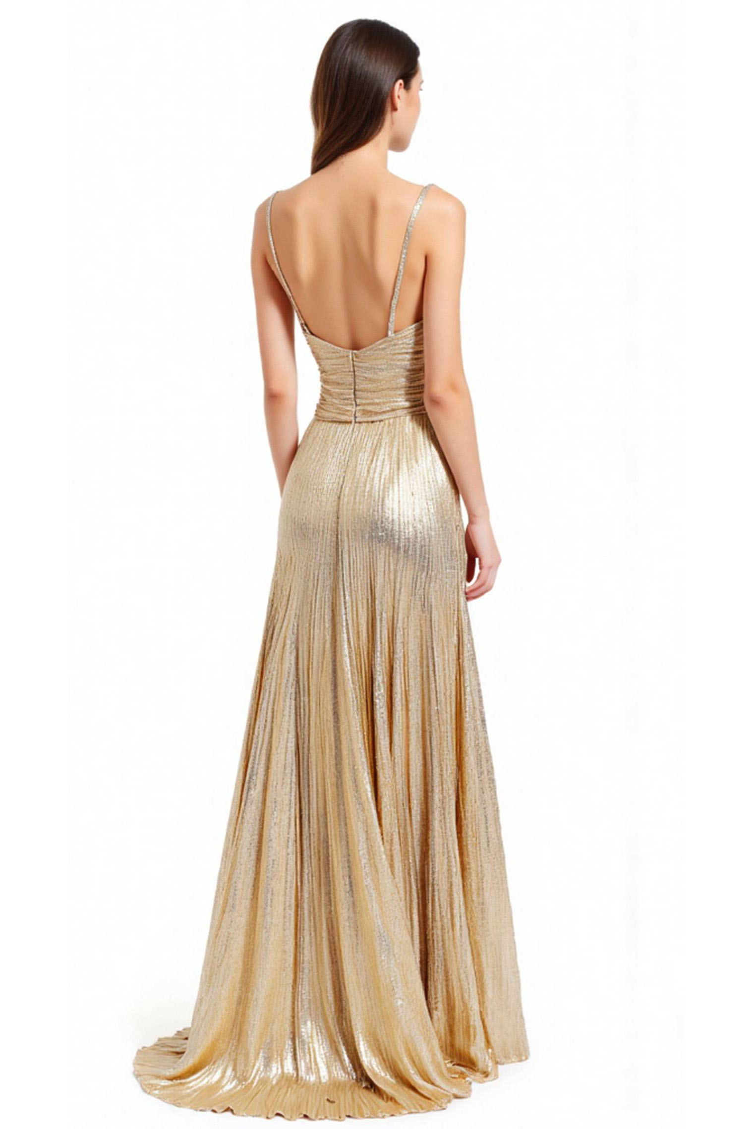 Formal Evening Gold Dress Pleated Sleeveless Metallic V-Neck Slit Floor-Length Dress