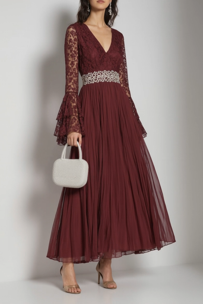 Formal Dress Burgundy V Neck Lace Belted Maxi Dress