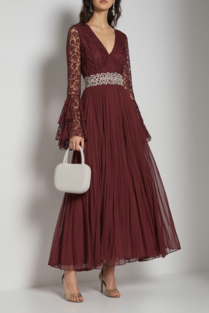 Formal Dress Burgundy V Neck Lace Belted Maxi Dress
