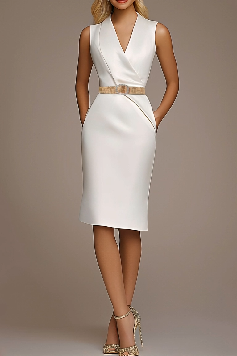 Work Dress White Satin Cross Neck Sleeveless Pocket Knee-Length Dress