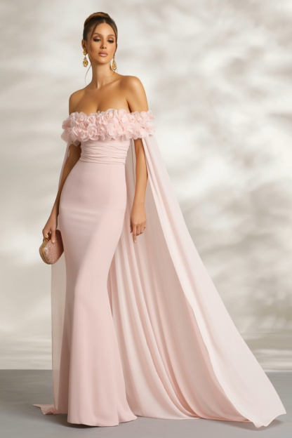 Formal Dress Pink Off Shoulder 3D Floral Cape Maxi Dress
