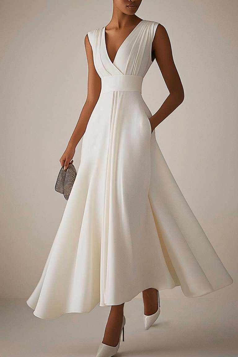 Evening Elegant Dress Sleeveless Deep V Neck Pleated Design Ball Gown Maxi Dress