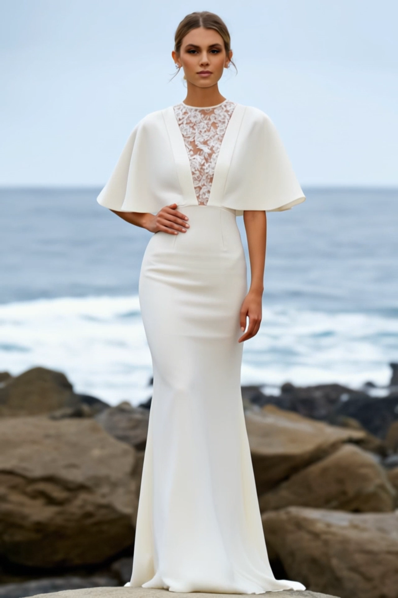 Formal Evening Dress White Crew Neck Lace Maxi Dress