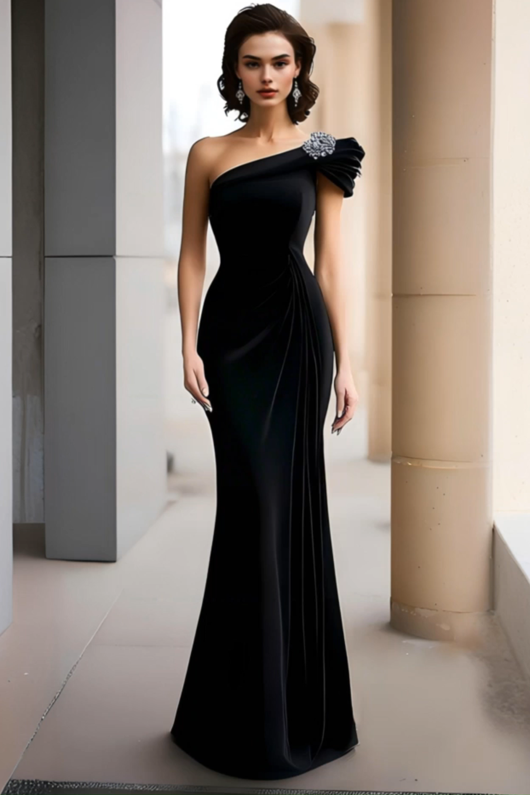 Formal Evening Velvet Dress Black One-Shoulder Maxi Dress