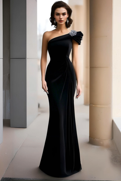 Formal Evening Velvet Dress Black One-Shoulder Maxi Dress