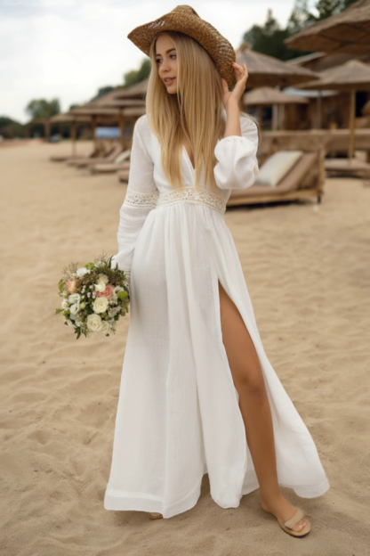Bohemian Swing Dress White V Neck Floor-Length Dress