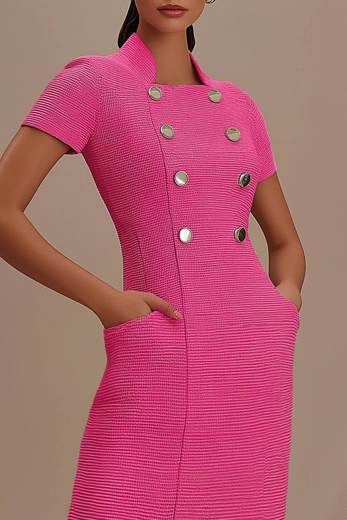 Work Semi-Formal Dress Pink Double-Breasted Pocket Mini Dress