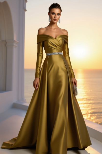 Formal Gold Satin Dress Off The Shoulder Long Sleeve Maxi Gown