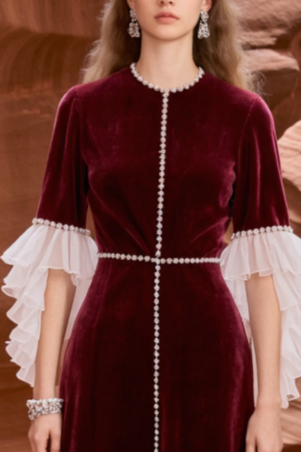 Cocktail Party Dress Burgundy Crew Neck Velvet Ruffle Midi Dress