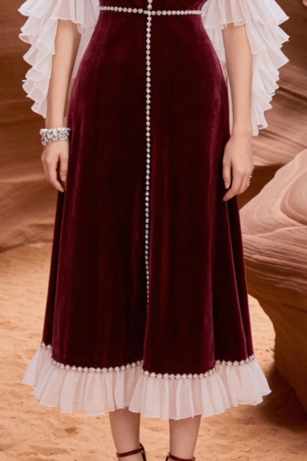 Cocktail Party Dress Burgundy Crew Neck Velvet Ruffle Midi Dress