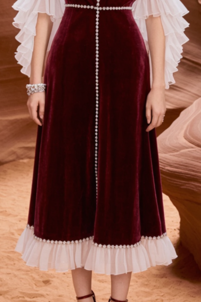 Cocktail Party Dress Burgundy Crew Neck Velvet Ruffle Midi Dress
