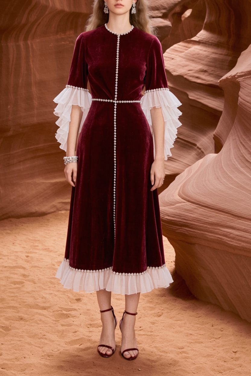 Cocktail Party Dress Burgundy Crew Neck Velvet Ruffle Midi Dress