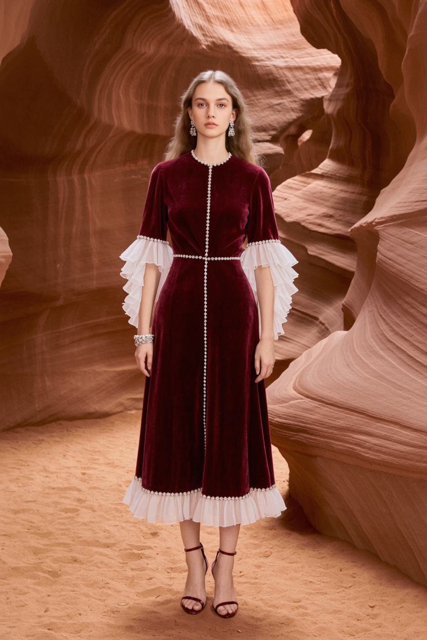 Cocktail Party Dress Burgundy Crew Neck Velvet Ruffle Midi Dress