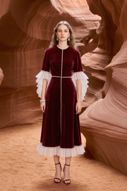 Cocktail Party Dress Burgundy Crew Neck Velvet Ruffle Midi Dress