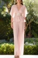 Daily Outfit Sets Pink V Neck Belted Chiffon Pants Set