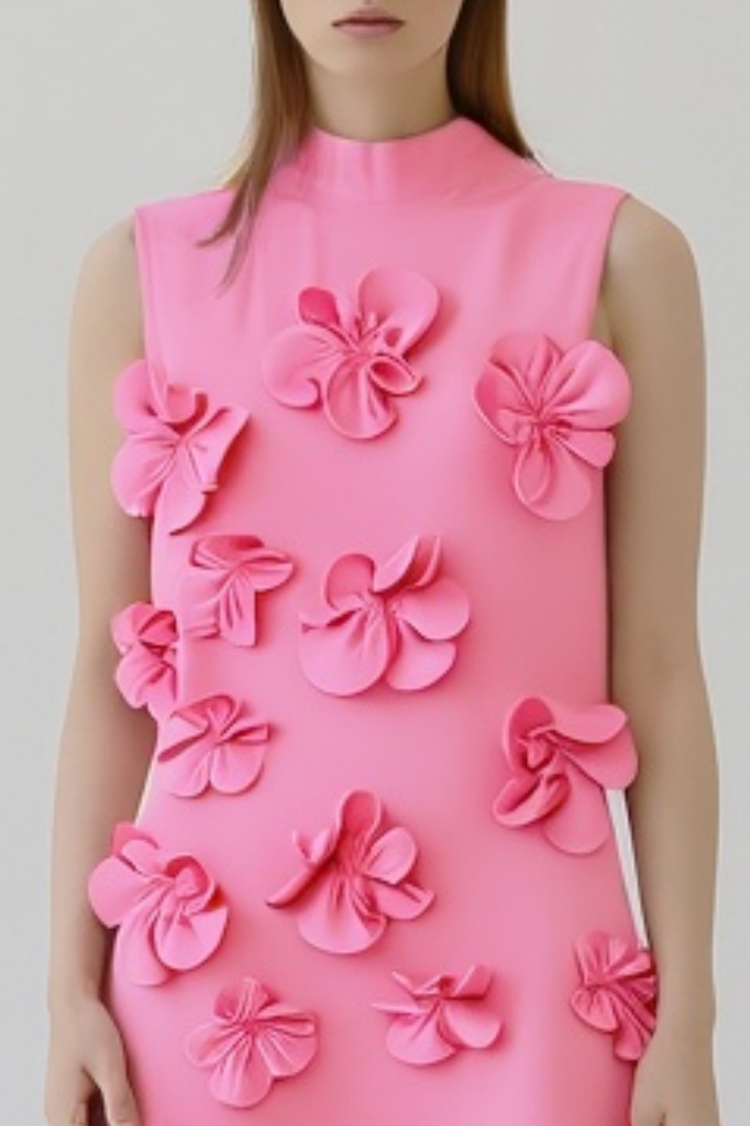 ​Party Dress Pink Stand Collar 3D Floral Maxi Dress