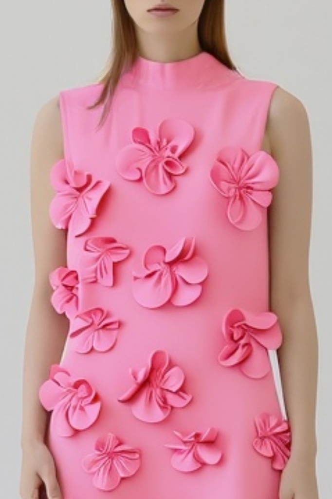 ​Party Dress Pink Stand Collar 3D Floral Maxi Dress