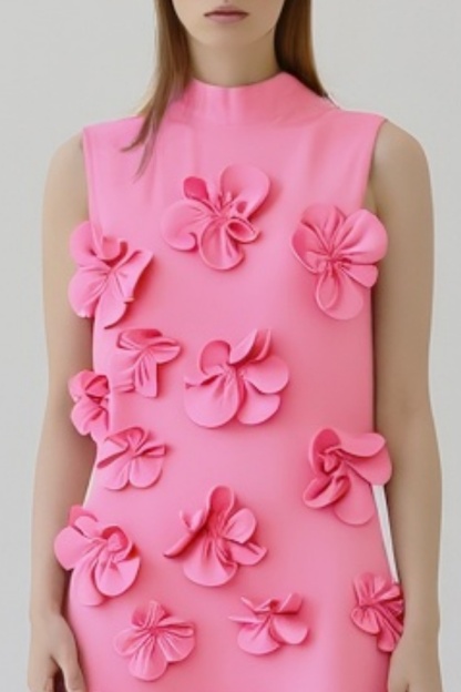 ​Party Dress Pink Stand Collar 3D Floral Maxi Dress