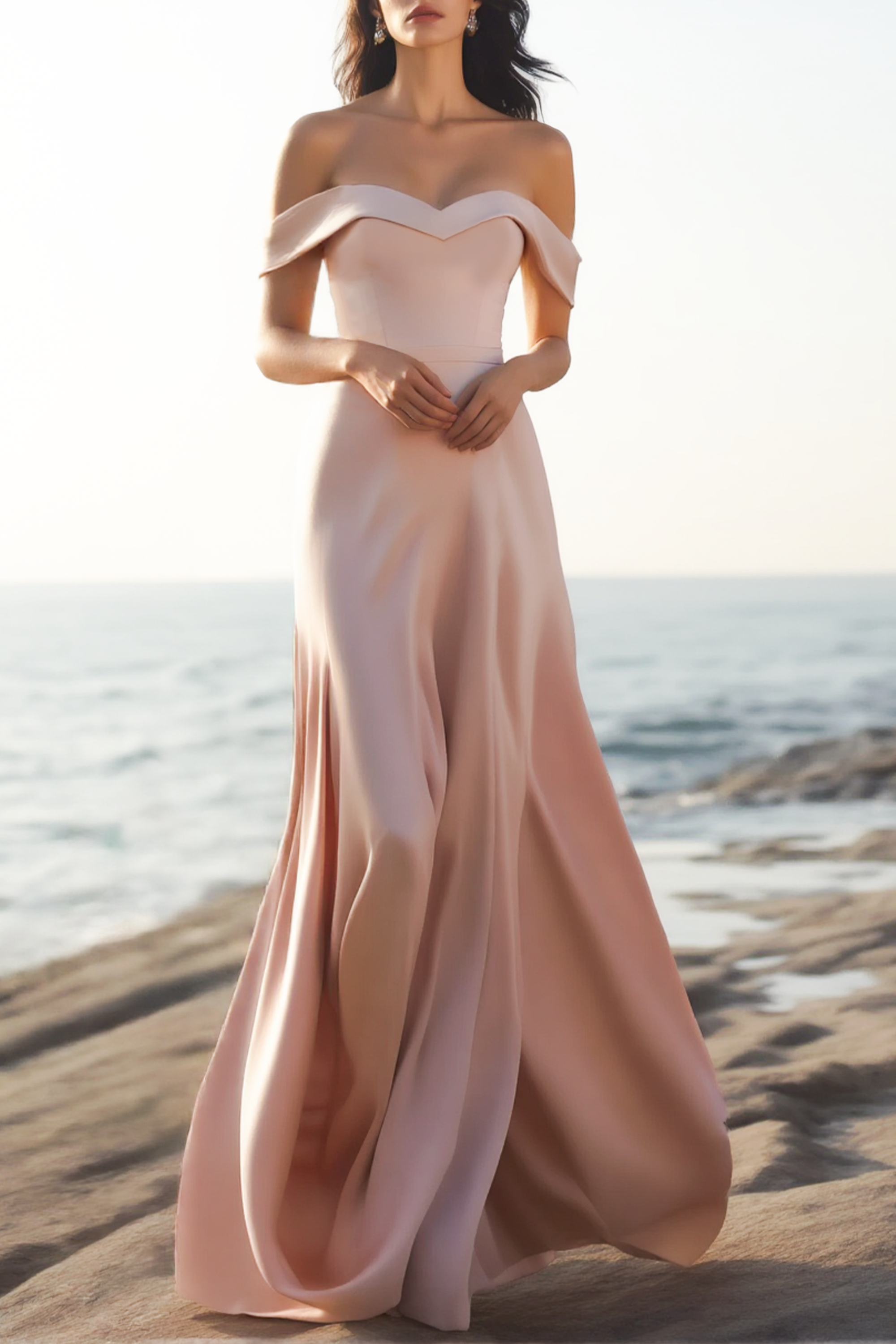 Evening Formal Dress​​ Pink Off Shoulder Maxi Satin Dress