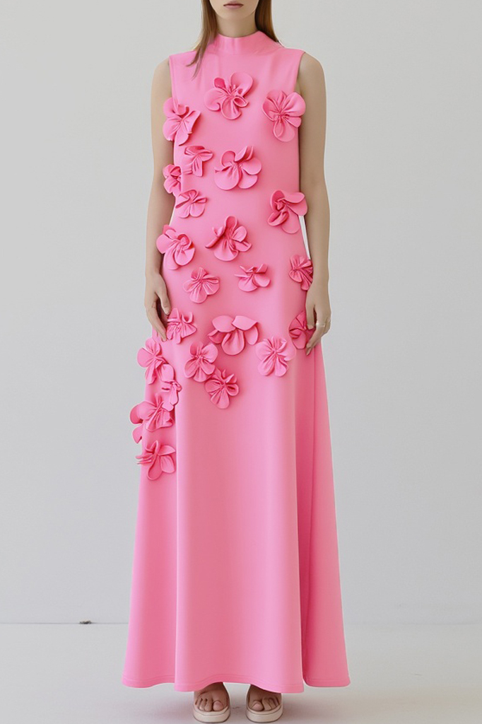 ​Party Dress Pink Stand Collar 3D Floral Maxi Dress