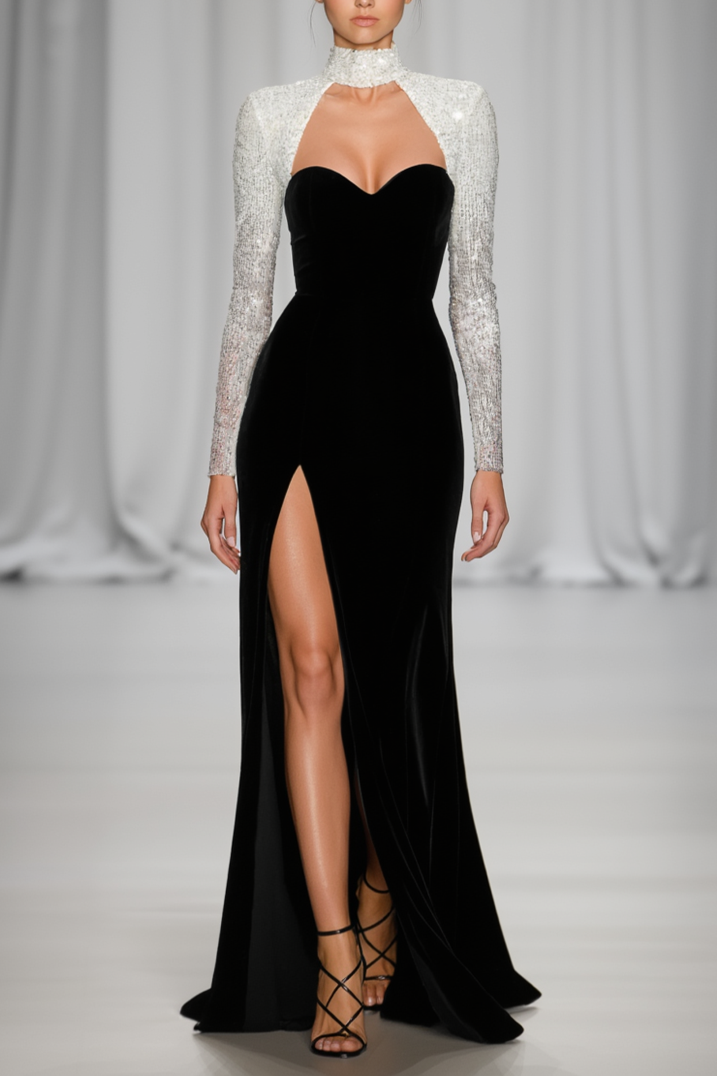 Formal Evening Dress Black Stand Collar Sequin Maxi Dress