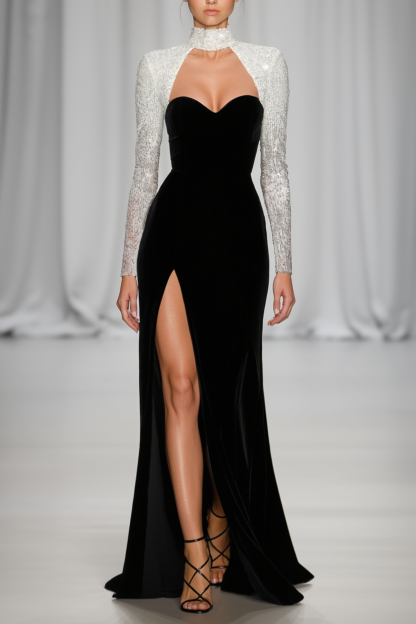 Formal Evening Dress Black Stand Collar Sequin Maxi Dress