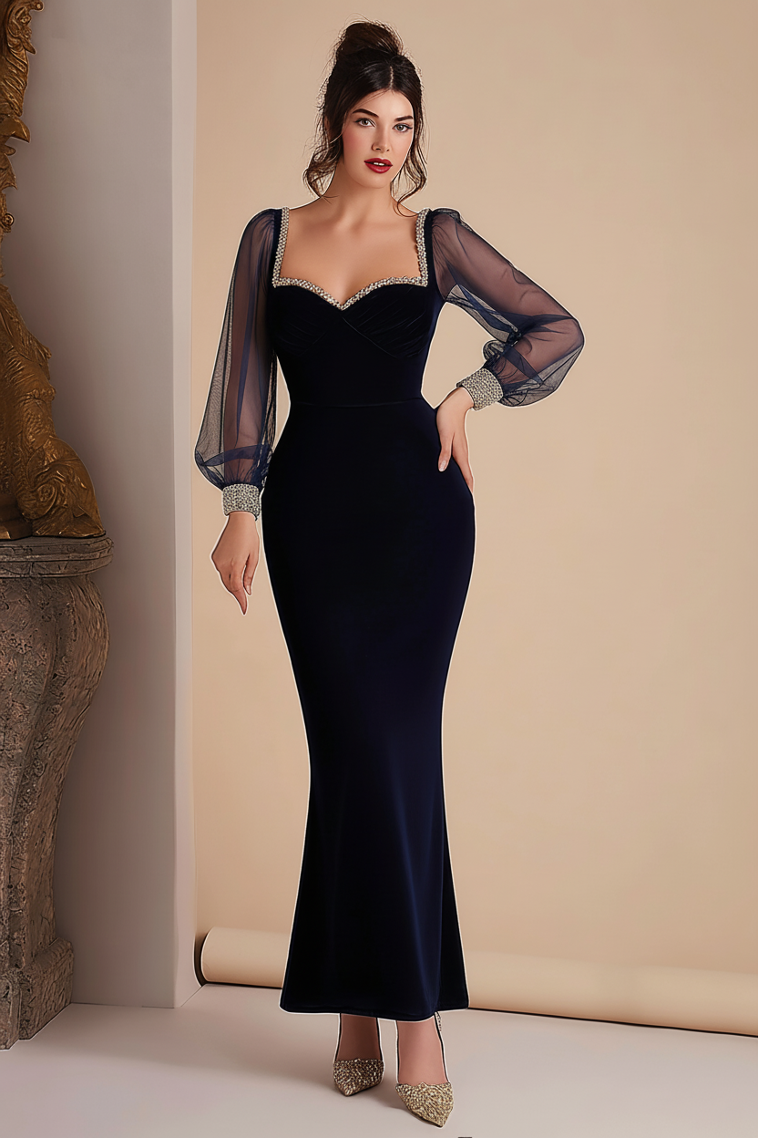Formal Evening Dress Black Sweetheart Neck Long Sleeve Maxi Dress