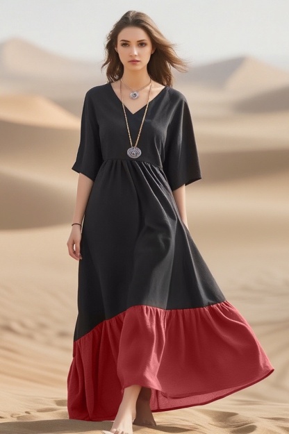 Bohemian Dress Black V Neck Colorblock Maxi Dress