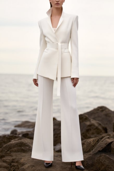 ​Business Formal Blazer Pant Suit ​​White V Neck Long Sleeve Straight 