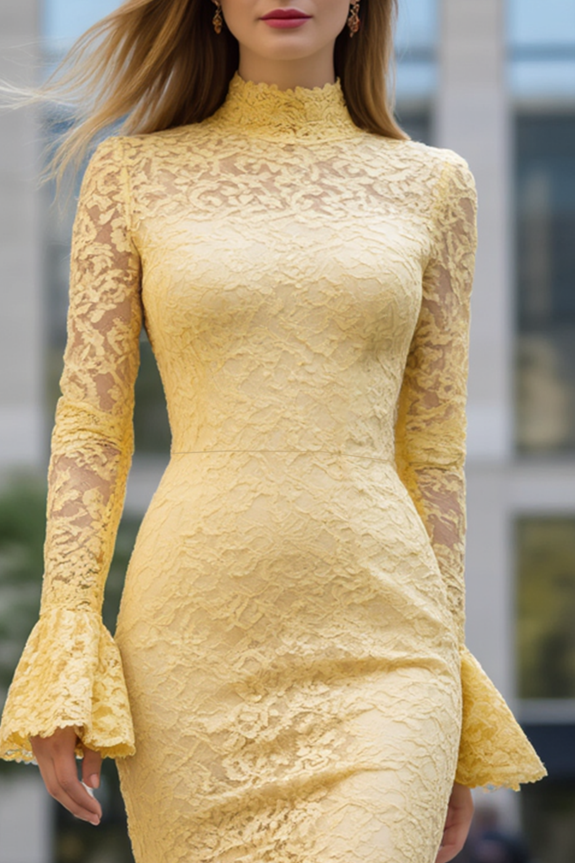 Cocktail Lace ​Party ​​Dress Yellow Stand Collar Sheath Midi Dress