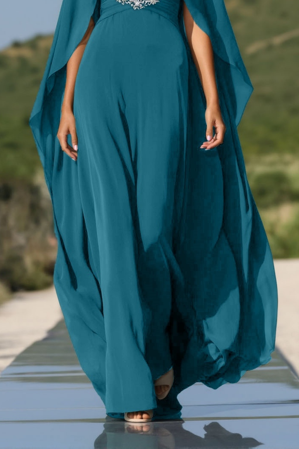 Formal Evening Dress Green Deep V Chiffon Cape Floor-Length Gown
