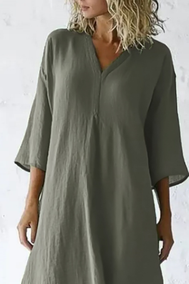 Casual Vacation Linen Dress Green V-Neck Breathable Midi Dress
