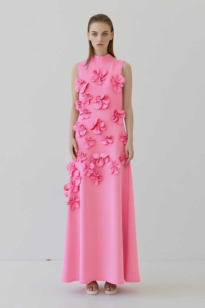​Party Dress Pink Stand Collar 3D Floral Maxi Dress