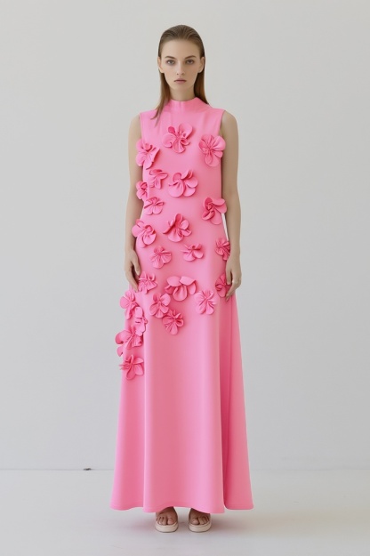 ​Party Dress Pink Stand Collar 3D Floral Maxi Dress