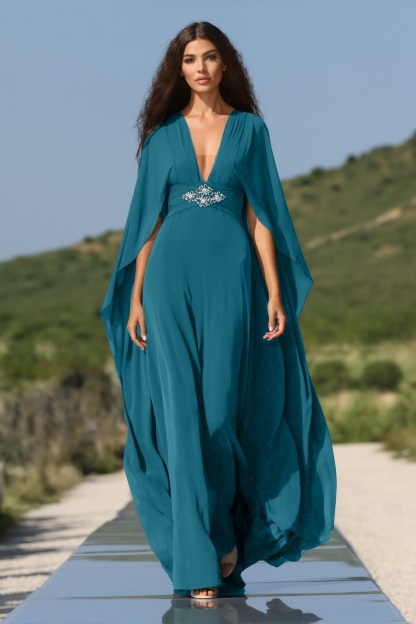 Formal Evening Dress Green Deep V Chiffon Cape Floor-Length Gown