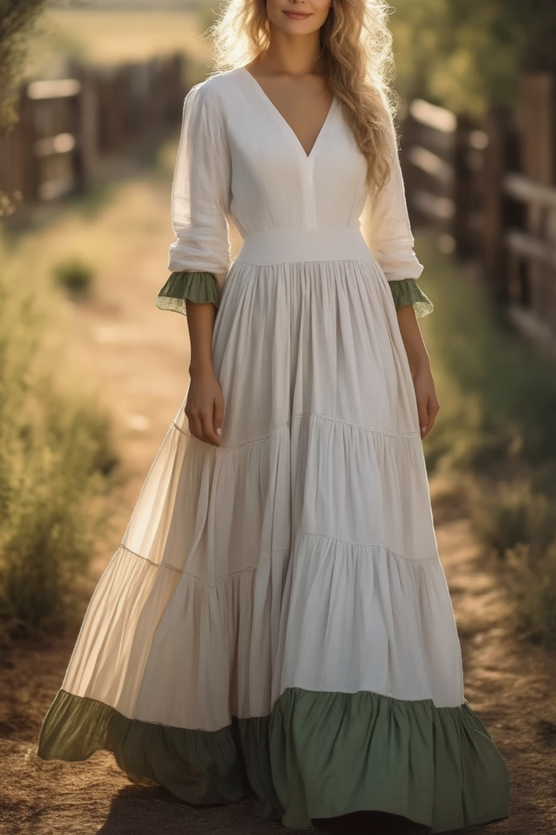 Bohemian Swing Dress Green V Neck Ruched Maxi Dress