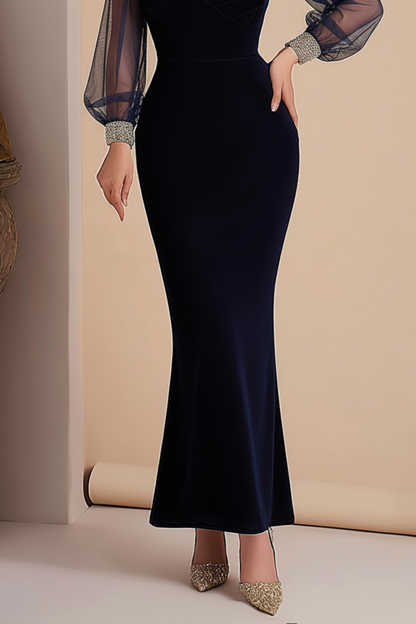 Formal Evening Dress Black Sweetheart Neck Long Sleeve Maxi Dress