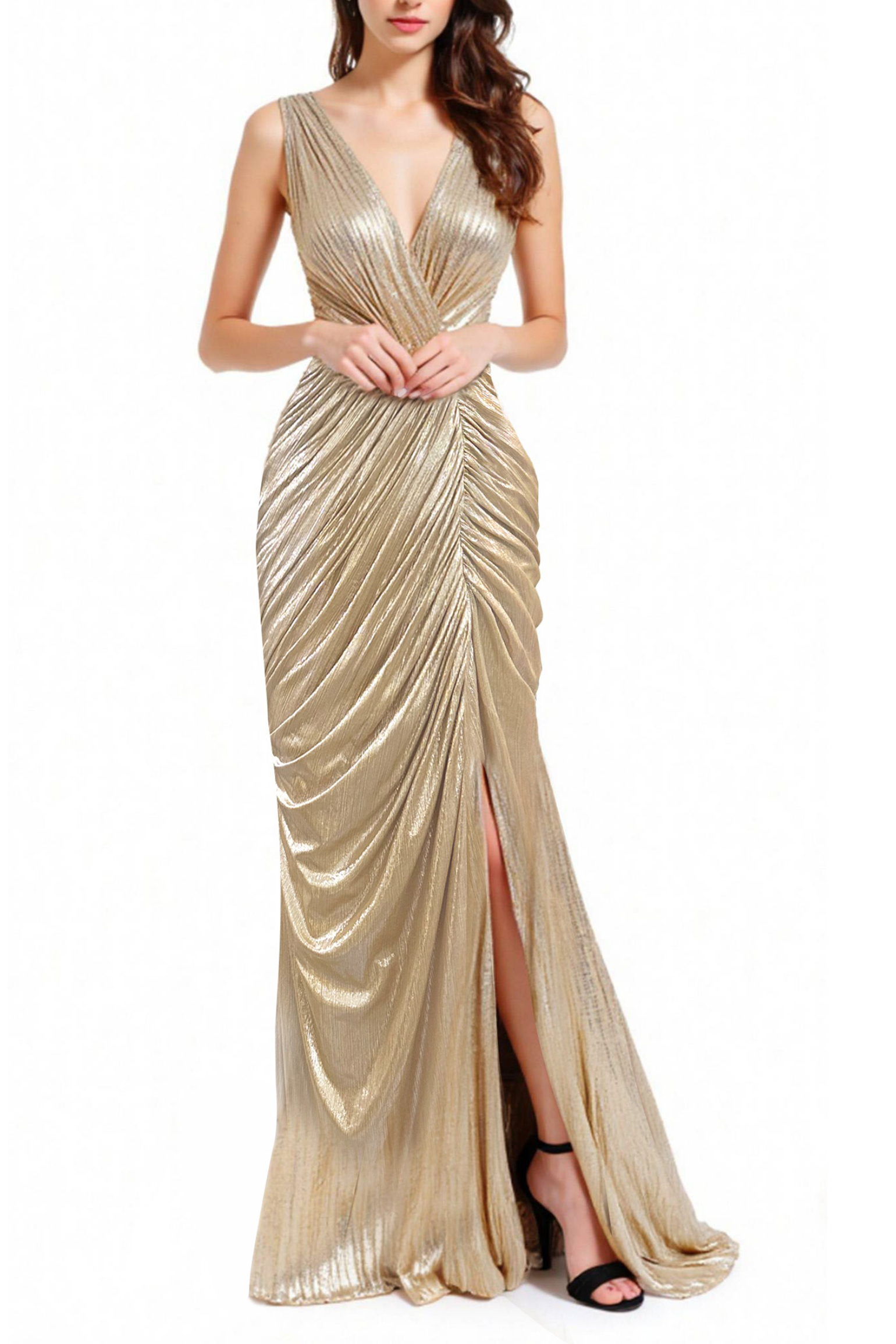 Formal Evening Gold Dress Pleated Sleeveless Metallic V-Neck Slit Floor-Length Dress