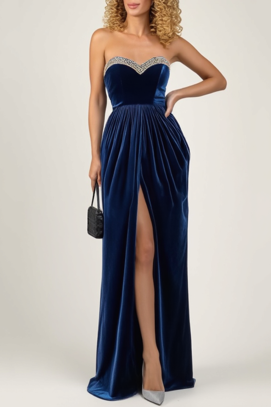 Formal Evening Dress Blue Strapless Velvet Slit Maxi Dress