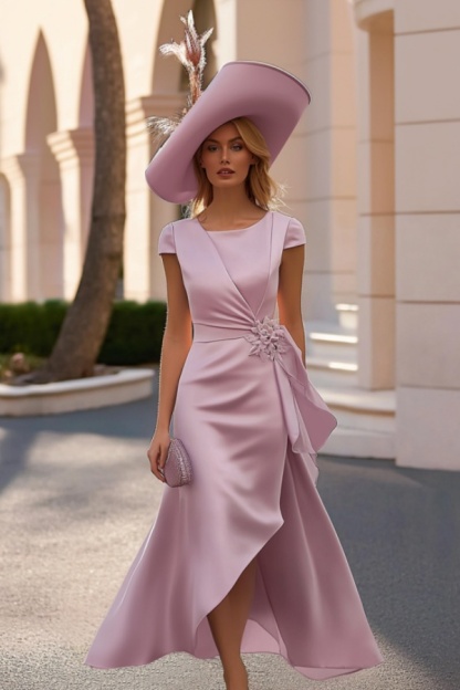 Cocktail ​Party Satin ​​Wrap Dress Pink Crew Neck Midi Dress