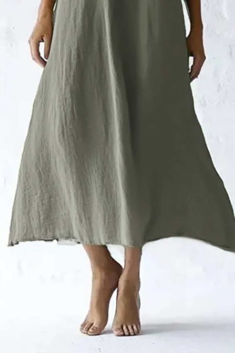 Casual Vacation Linen Dress Green V-Neck Breathable Midi Dress