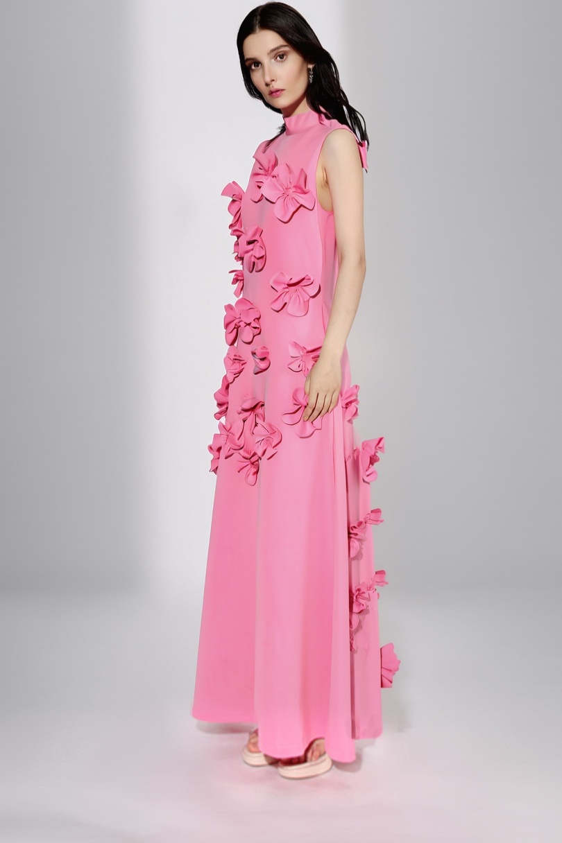 ​Party Dress Pink Stand Collar 3D Floral Maxi Dress