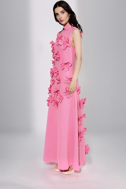 ​Party Dress Pink Stand Collar 3D Floral Maxi Dress